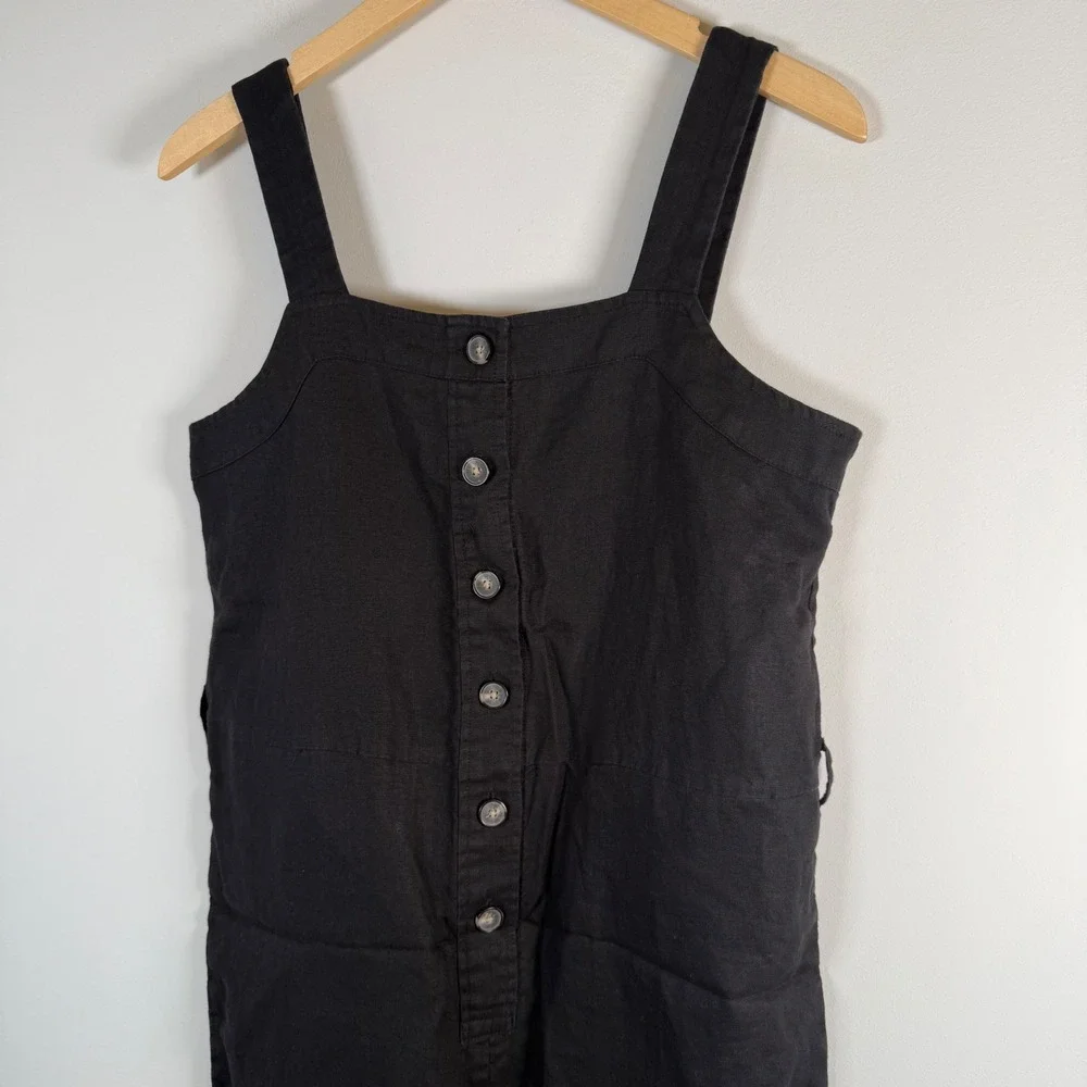 Everlane The Linen Button-Front Jumpsuit Size 4 Black Square Neck Wide Leg‎